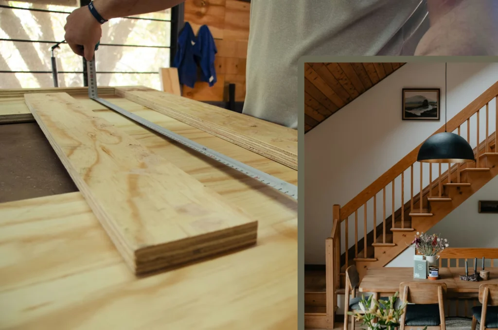 Messen eines Holzbretts (Detail) und fertige Holztreppe in hellem Interieur.