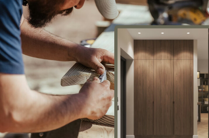 Handwerkliche Holzarbeit neben modernem Einbauschrank im Innenraum