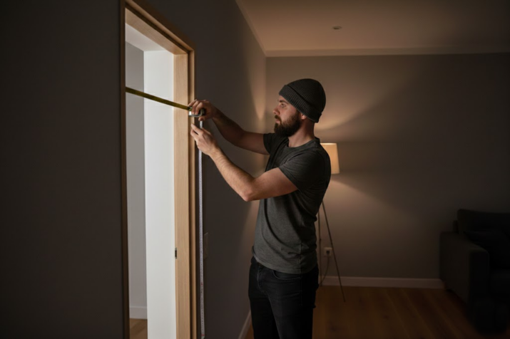 Ein Mann misst mit einem Maßband die Breite eines Türrahmens in einem schwach beleuchteten Wohnzimmer.